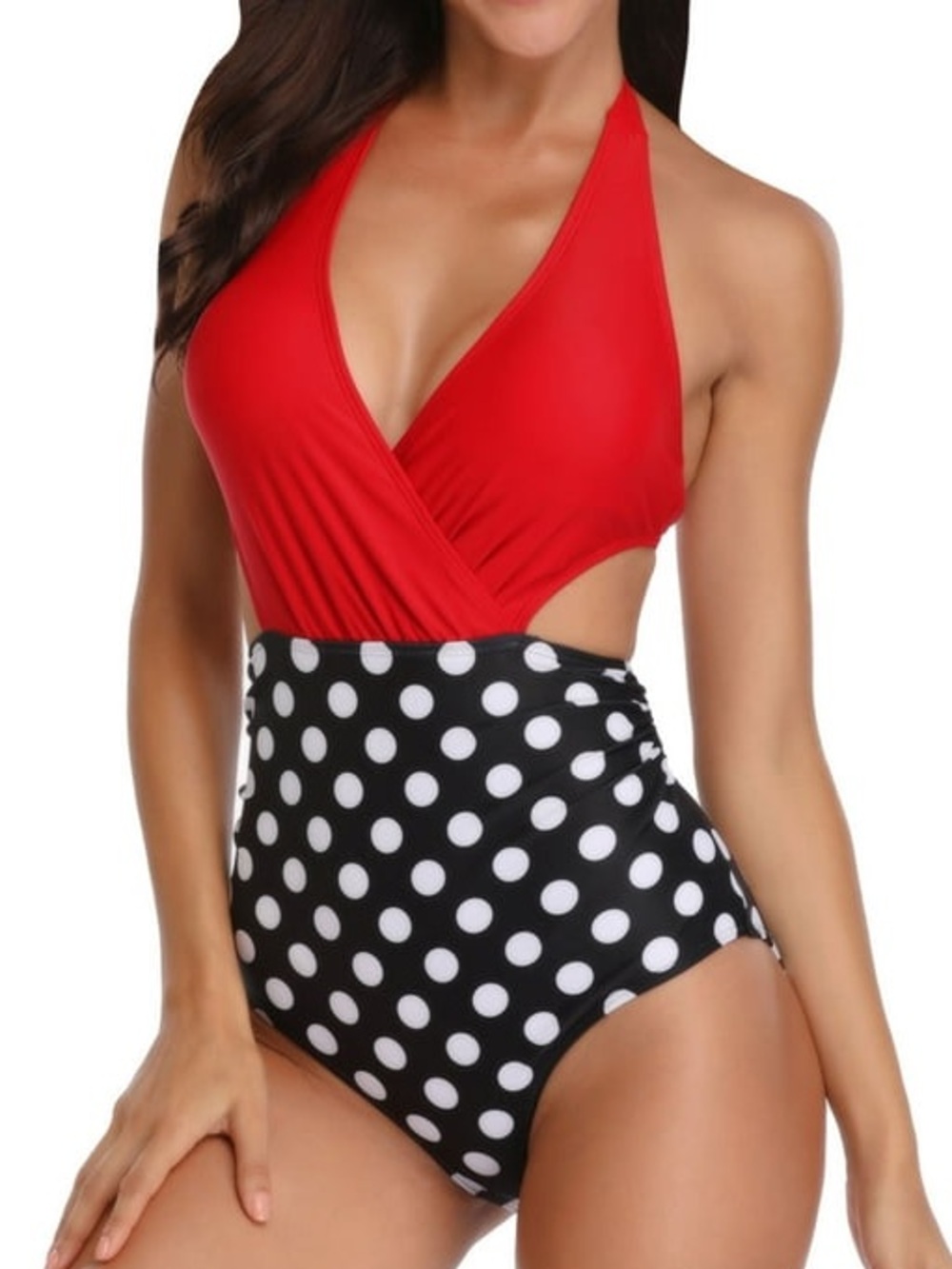 Retro Red & Black Polka Dot Halter High Waist Cutout One Piece Swimsuit XL EUC